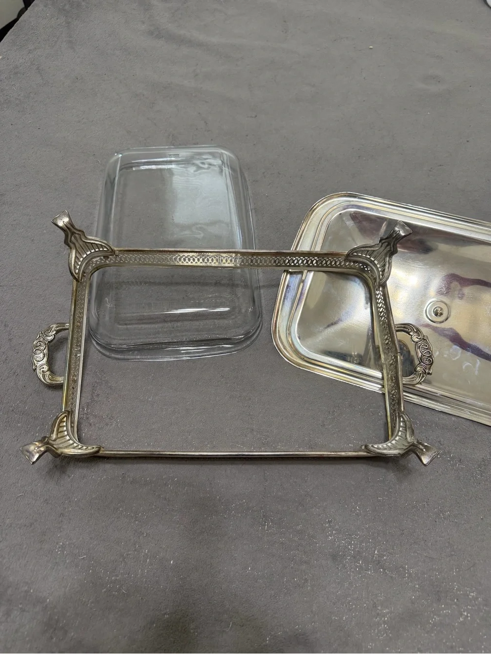 Silver Rectangular Serving Chafing Frame with Glass Insert and Lid